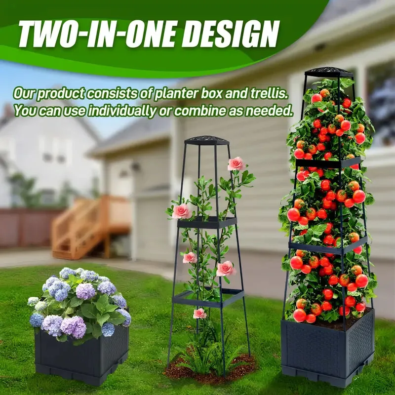 Hydroponic Tower - 自動給水機能付きプランティングボックスと支柱を備えたトマトタワー。つる性植物の栽培に最適。屋内・屋外の庭で使用可能。1セット。