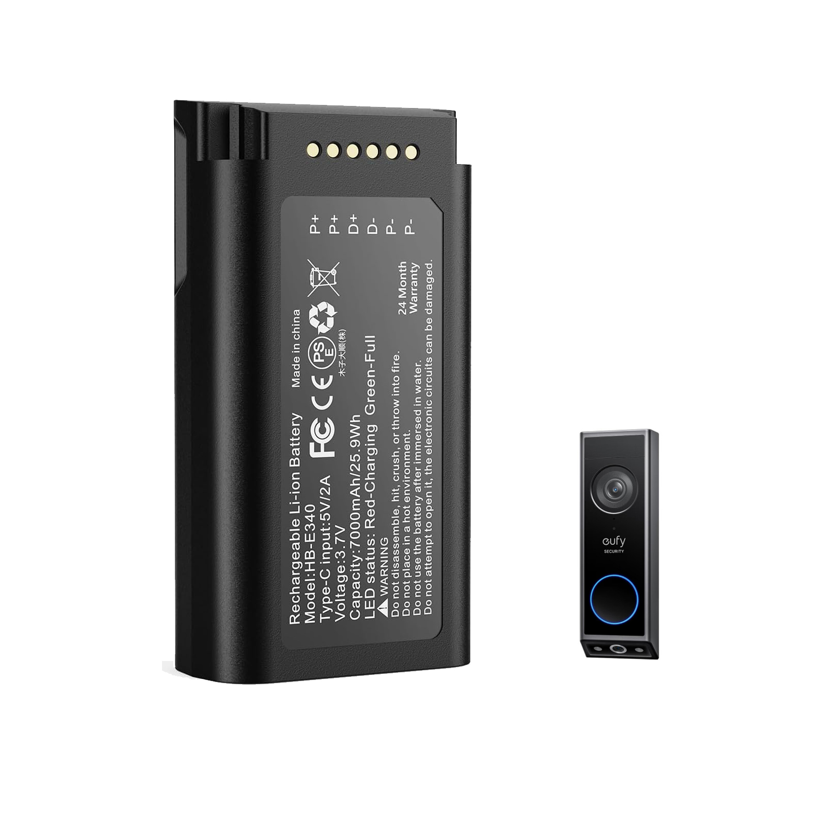 Eufy Camera S340 - 7000mAh 充電式リチウム電池 Eufy E340 ビデオドアベル用 Eufy